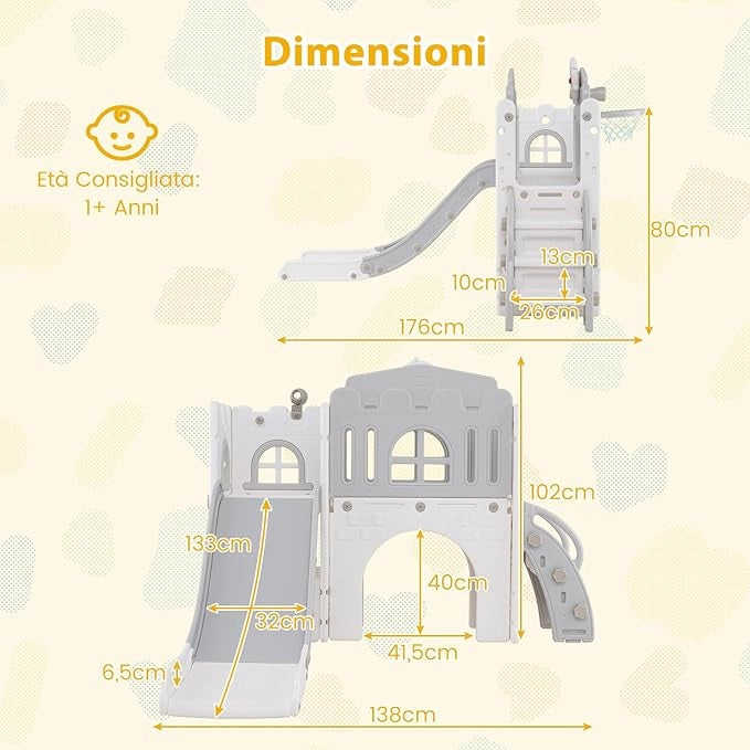 Scivolo per Bambini 9 in 1, Set da Gioco con Canestro da Basket, Telescopio, Volante, Corridoio, Tunnel e Spazio di Archiviazione, Scivolo da Interno ed Esterno per 1+ Anni (Grigio+Bianco)