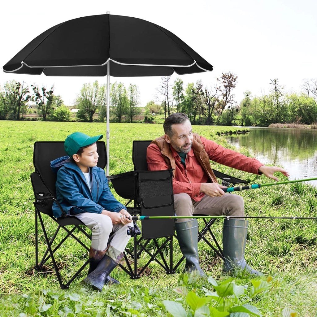 Set di 2 Sedie da Campeggio Pieghevoli, con Ombrellone e Tavolino Contenitore, Resistente e Leggero, Capacità 113 kg (nero)