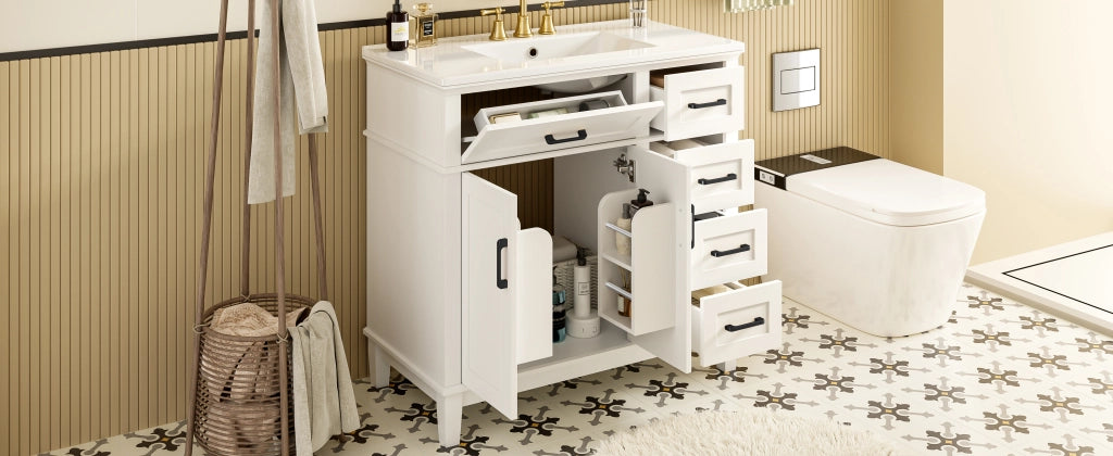 Mobile sottolavabo con lavabo in ceramica, 1 ribalta, 4 cassetti e doppia anta, per bagno, bianco, 90 × 46 × 87 cm