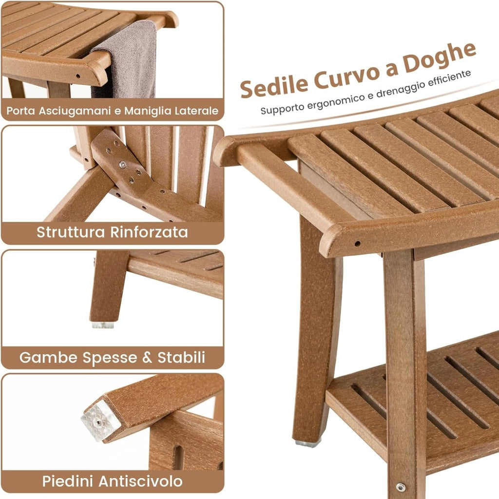 Sgabello da Doccia, Sgabello da Bagno Impermeabile con Sedile Curvo, con Portasciugamani e Piedini Antiscivoli, Panca Versatile con Ripiano, 60,5 x 34 x 48 cm (Marrone)