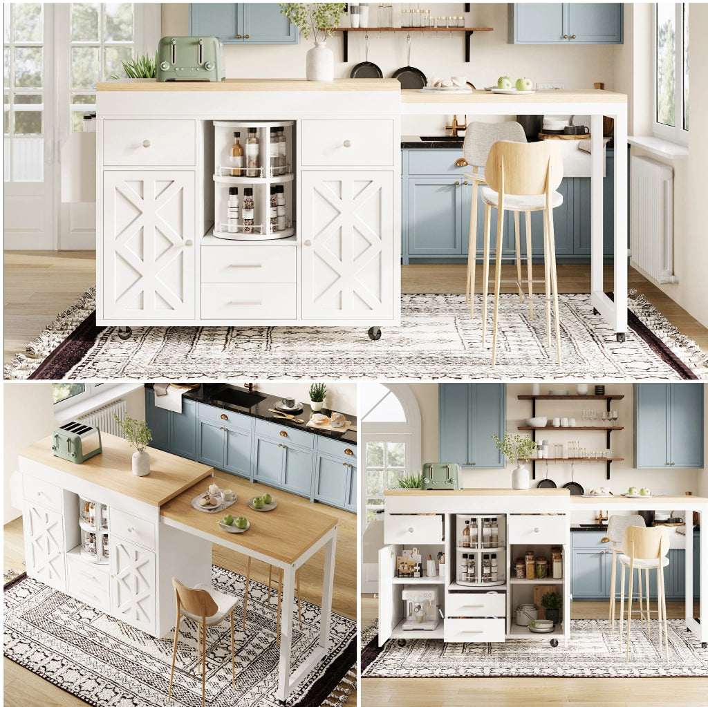 Bar mobile estensibile 110-180 x 40 x 91 cm in MDF bianco, con ruote