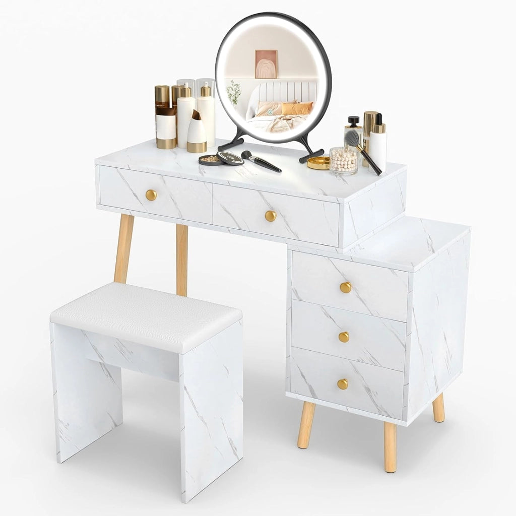 Tavolo da trucco moderno con sgabello imbottito, 3 colori di illuminazione, luminosità regolabile, 5 cassetti, gambe in legno massello, finitura effetto marmo
