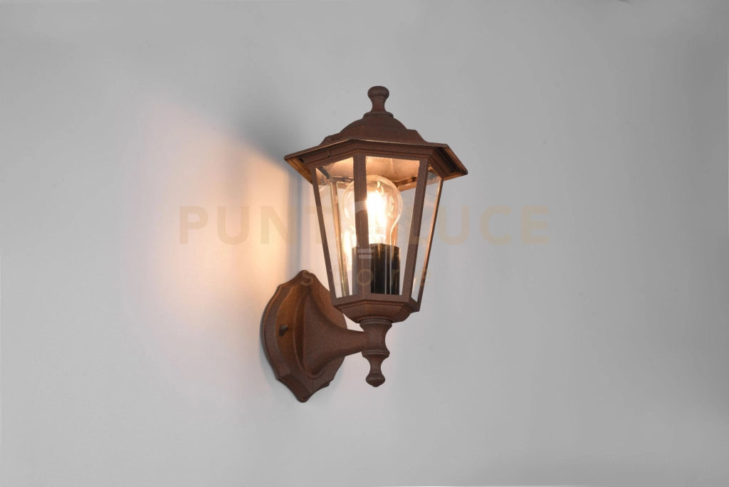 PIENZA APPLIQUE DA ESTERNO UP 6 LATI FUSIONE DI ALLUMINIO RUGGINE E VETRO TRASPARENTE H. 31CM IP44 1 LUCE ATTACCO E27