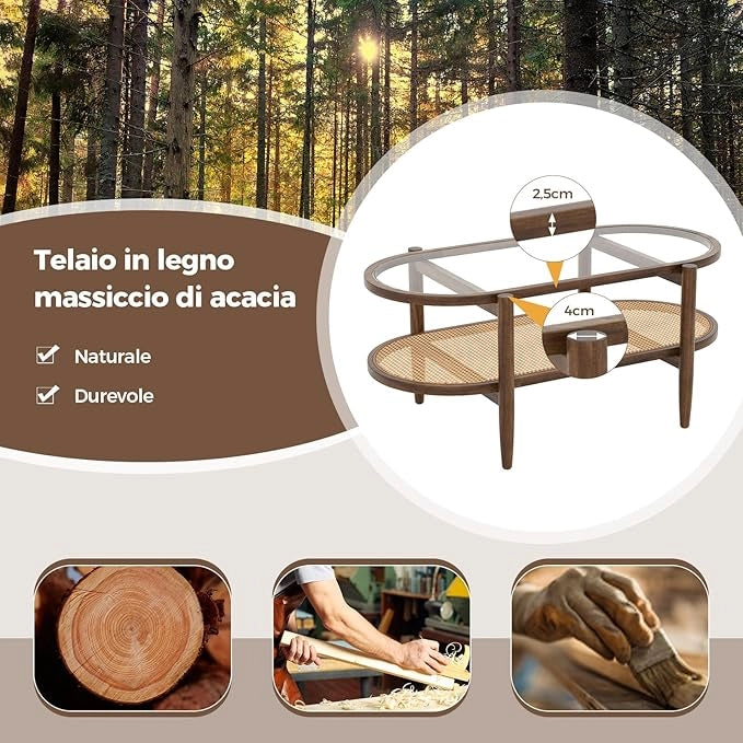 Tavolino da Caffè a 2 Piani con Spazio di Archiviazione, Tavolo Centrale in Rattan PE con Piano in Vetro Temperato, Tavolo da Salotto per Casa, Sala d'Attesa e Ufficio