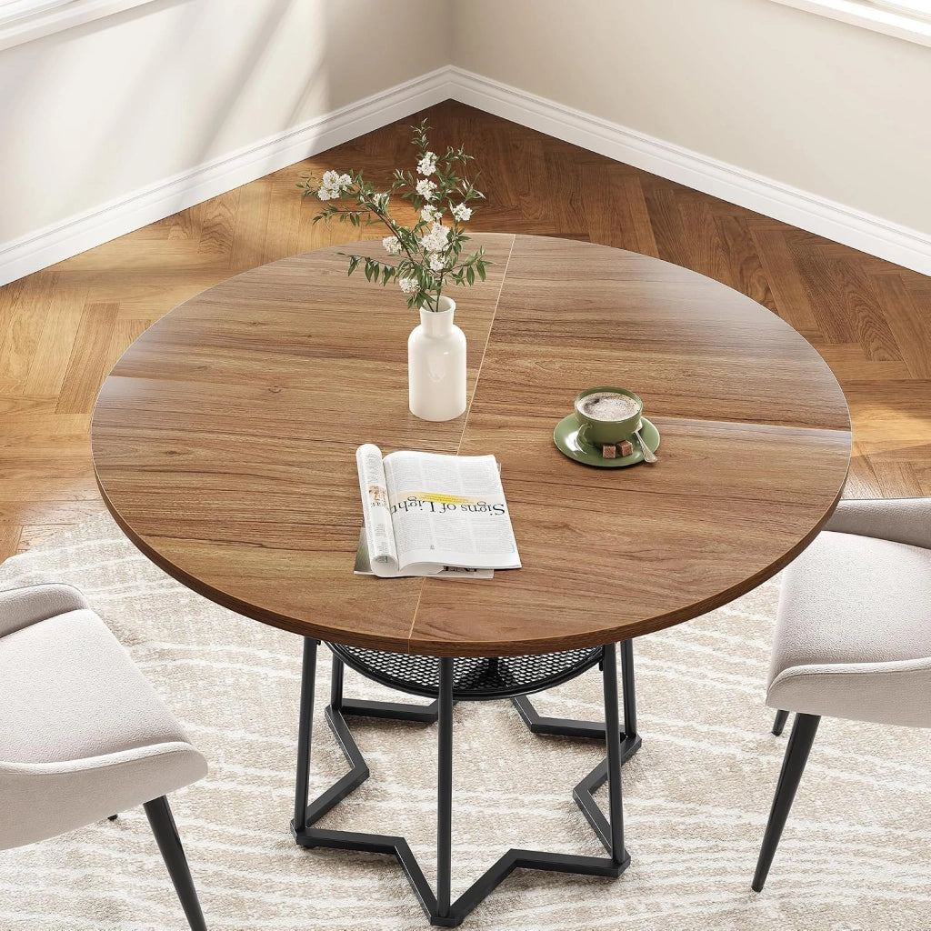 Tavolo da Pranzo Rotondo Scandinavo 100 cm per 2-4 Persone con Ripiani - Bruno