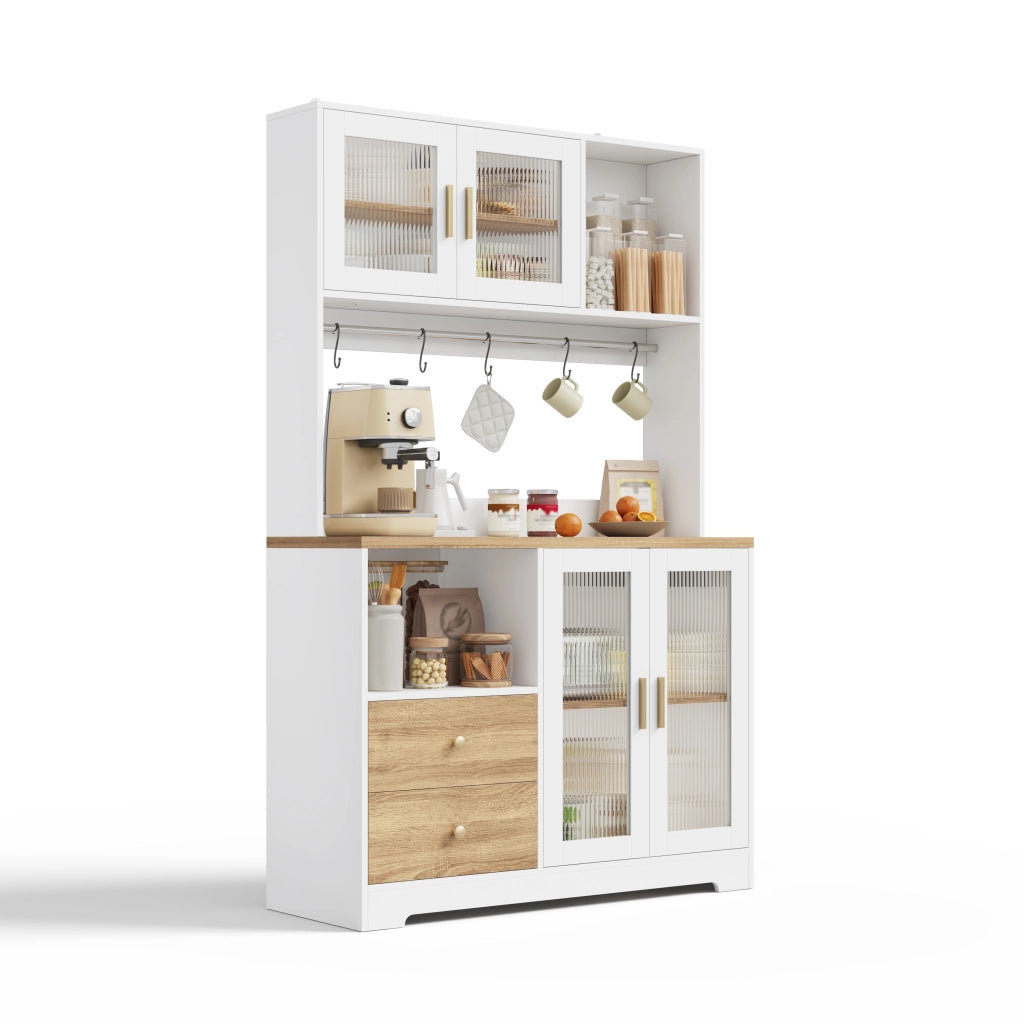 Credenza alta da cucina con LED, prese USB e ante in vetro temperato, bianco effetto legno, 110x40x178 cm