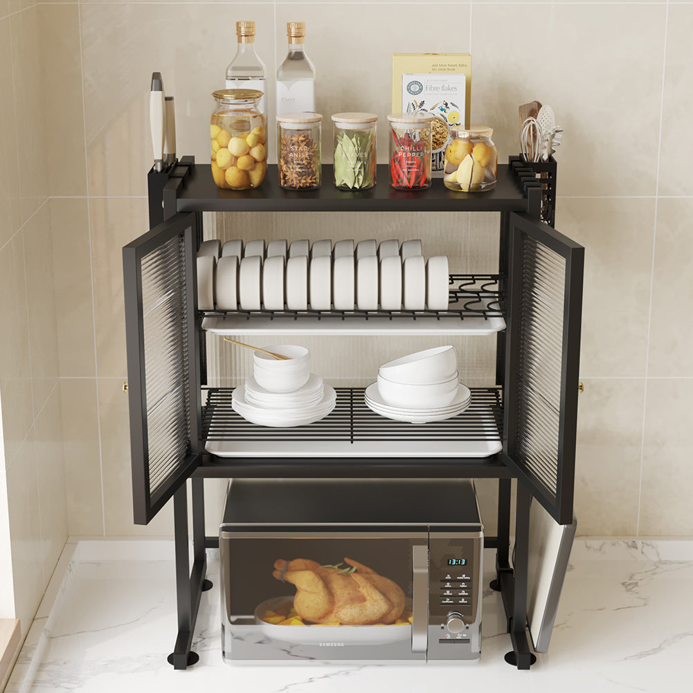 Scaffale Credenza Porta Microonde con Vetrinetta in Metallo Nero 57x37x76cm