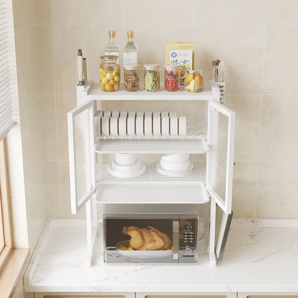 Scaffale Credenza Porta Microonde con Vetrinetta in Metallo Bianco 57x37x76cm