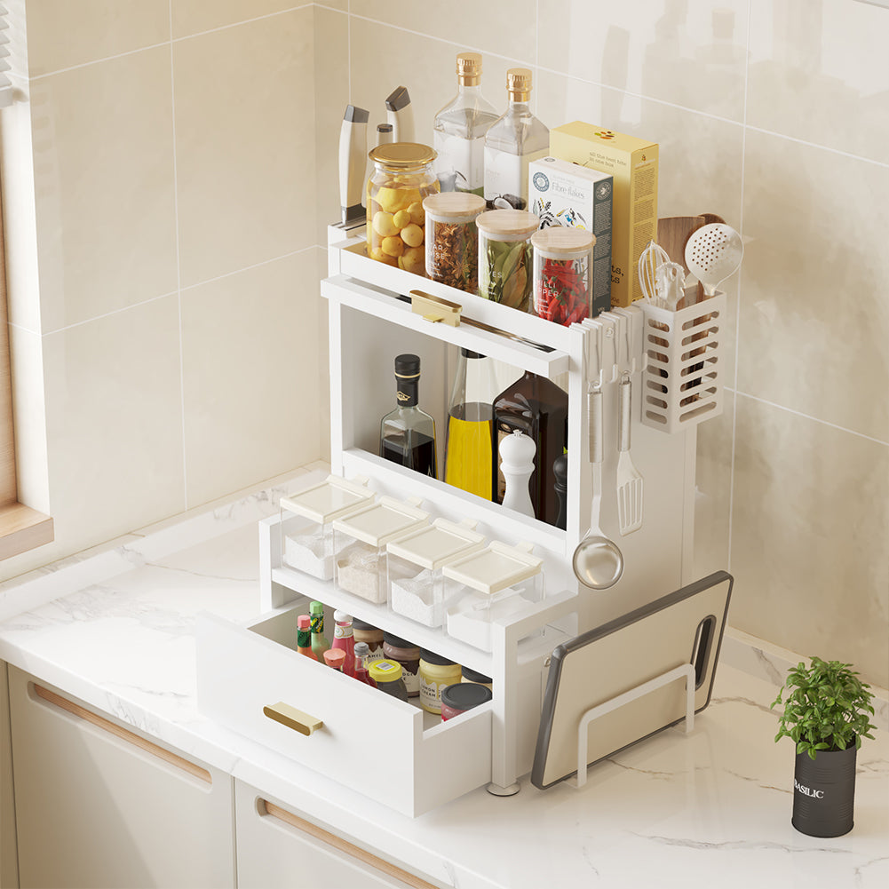 Scaffale Credenza Organizer Portaspezie con Vetrinetta e Cassetto Metallo Bianco