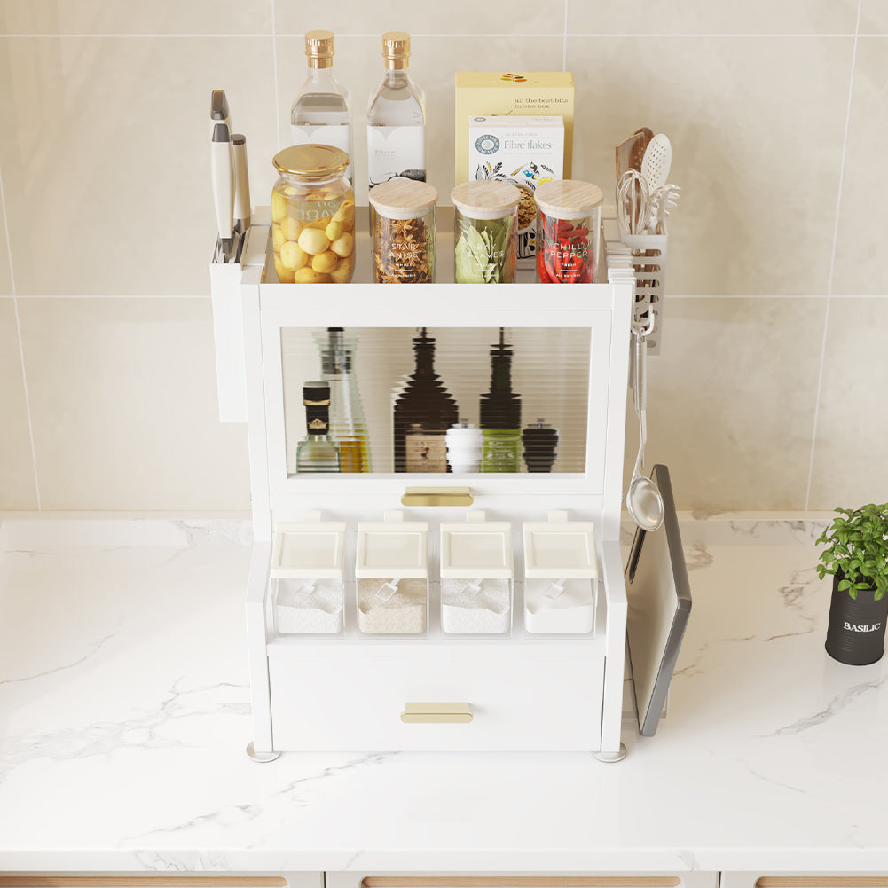 Scaffale Credenza Organizer Portaspezie con Vetrinetta e Cassetto Metallo Bianco