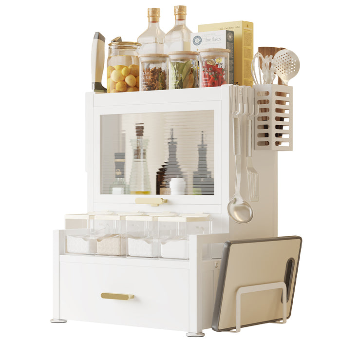Scaffale Credenza Organizer Portaspezie con Vetrinetta e Cassetto Metallo Bianco