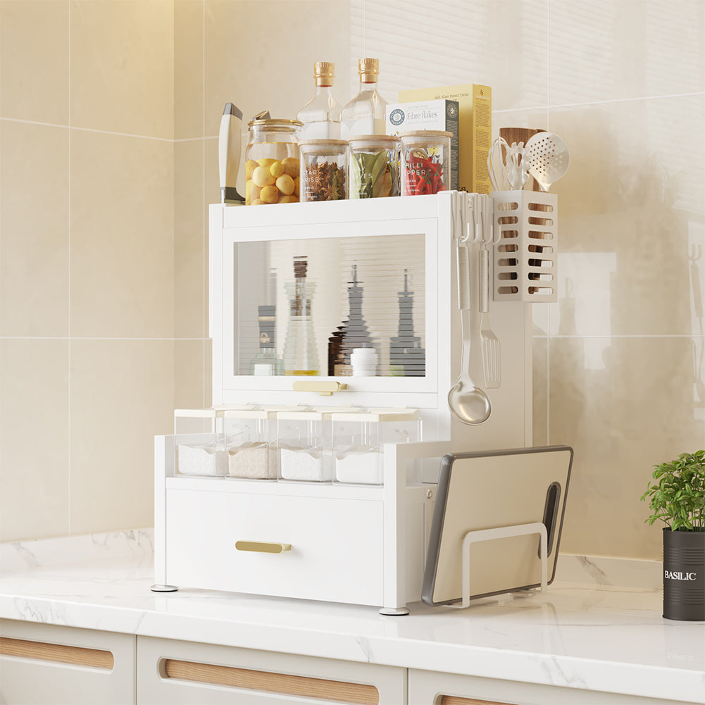 Scaffale Credenza Organizer Portaspezie con Vetrinetta e Cassetto Metallo Bianco