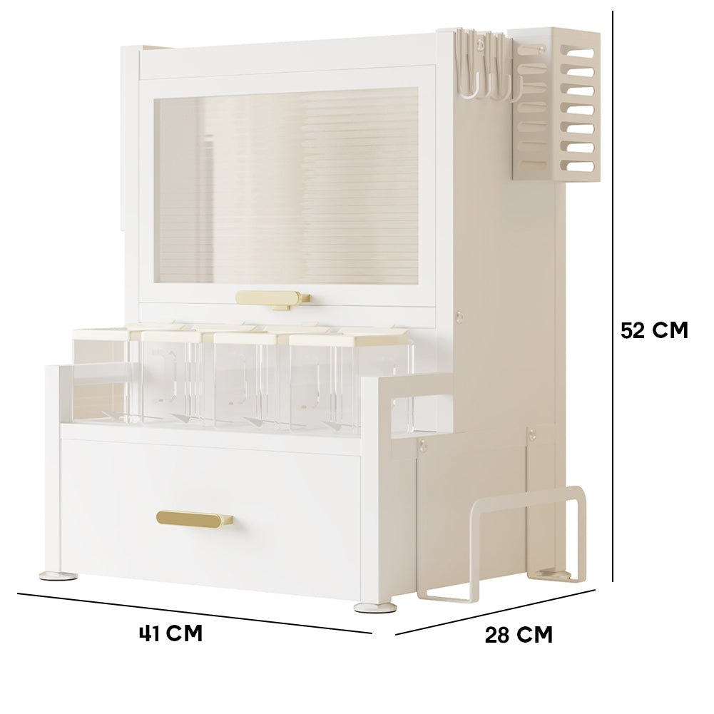 Scaffale Credenza Organizer Portaspezie con Vetrinetta e Cassetto Metallo Bianco
