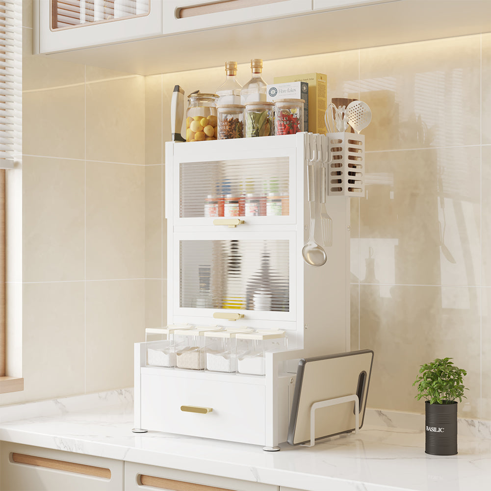 Scaffale Scaffalatura Credenza in Metallo con Doppia Vetrinetta e Cassetto Bianco