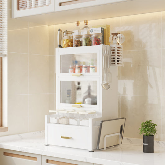 Scaffale Scaffalatura Credenza in Metallo con Doppia Vetrinetta e Cassetto Bianco