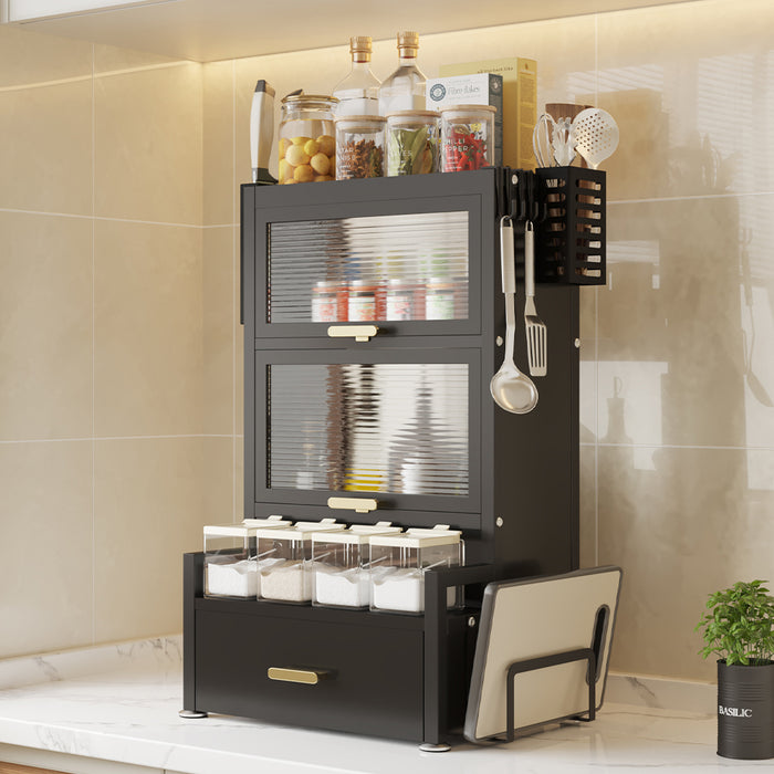 Scaffale Scaffalatura Credenza in Metallo con Doppia Vetrinetta e Cassetto Nero