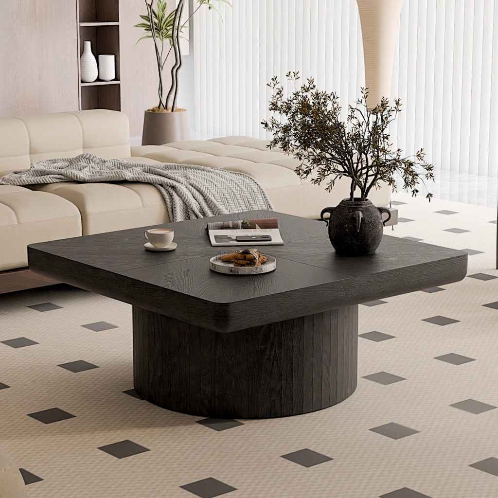 Tavolino basso quadrato con piano effetto parquet e base cilindrica piano spesso nero 86.12 × 85.54 × 18.04 cm