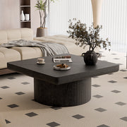 Tavolino basso quadrato con piano effetto parquet e base cilindrica piano spesso nero 86.12 × 85.54 × 18.04 cm