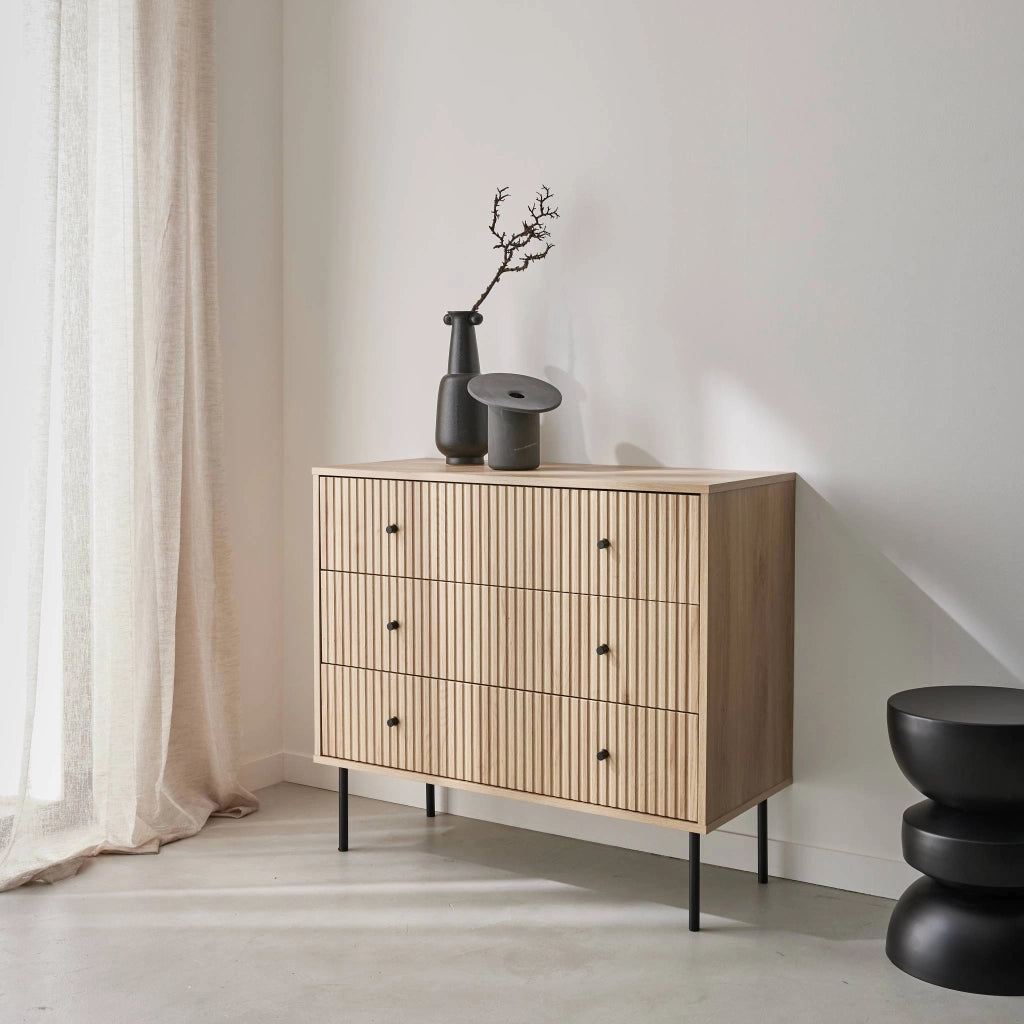 Cassettiera, decoro in legno scanalato, 3 cassetti, marrone naturale