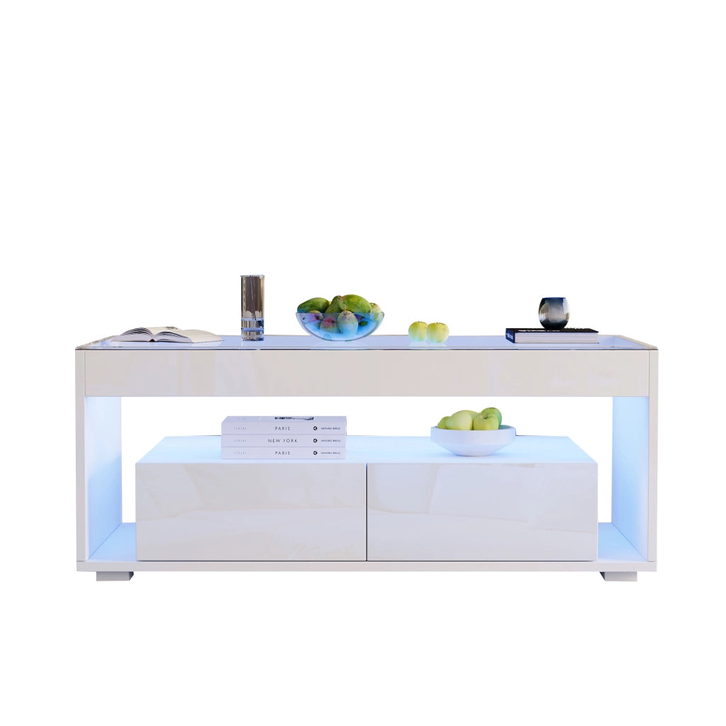Tavolino da salotto moderno con LED - Zephmum - 100x50x40cm - Bianco - 2 grandi cassetti, design a doppio strato, vetro lucido