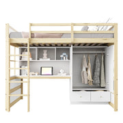 Letto a soppalco singolo 90×200 cm con scala; scrivania; armadio e cassetti; senza materasso; legno