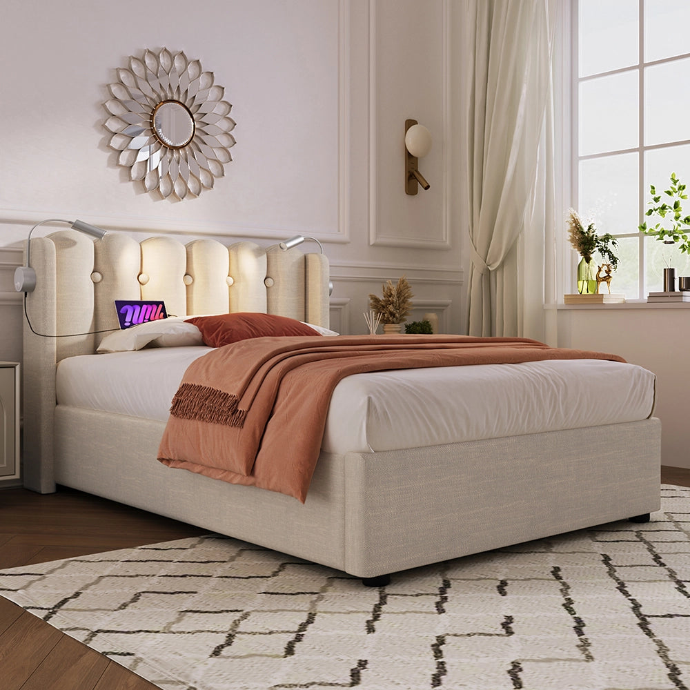 Letto a cassettoni singolo imbottito - Xylo - 90x200 cm - Beige - Testiera imbottita, spazio di archiviazione