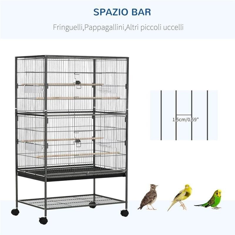 GABBIA PER UCCELLI DA INTERNI IN LEGNO CON VASSOIO, 4 RUOTE E TRESPOLO, 78X52X132CM