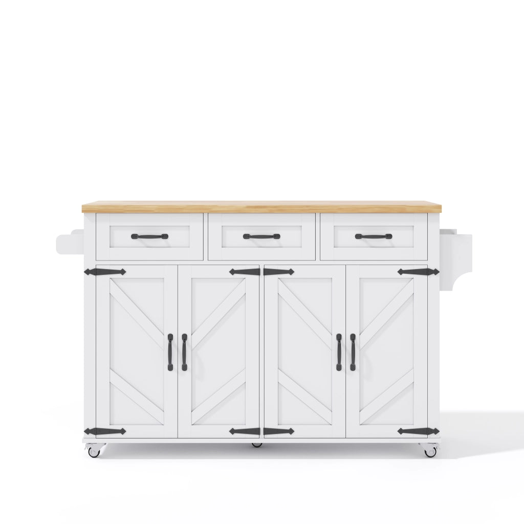 Isola da cucina pieghevole 140x43(70)x90,5 cm con 4 porte, 3 cassetti, rotelle bloccabili, bianco/naturale