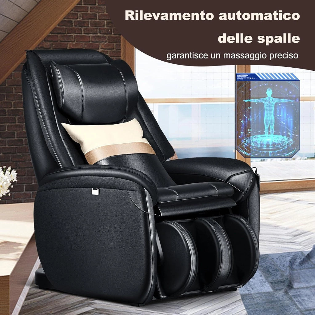 Poltrona Massaggiante Elettrica Shiatsu 8 Modalità, Poltrona Reclinabile con Riscaldatore Schienale, Rilevamento Automatico Spalle, Controllo Remoto, Ruote e Cuscino (Nero)