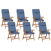 Set di 6 sedie da giardino in legno di acacia chiaro con cuscini blu pieghevoli resistenti ai raggi UV stile rustico