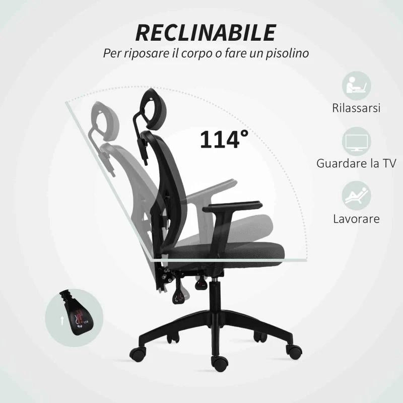SEDIA DA UFFICIO ERGONOMICA E REGOLABILE CON SUPPORTO LOMBARE E POGGIATESTA, 66X61X106-116 CM, GRIGIO