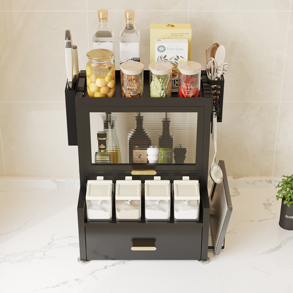 Scaffale Credenza Organizer Portaspezie con Vetrinetta e Cassetto Metallo Nero