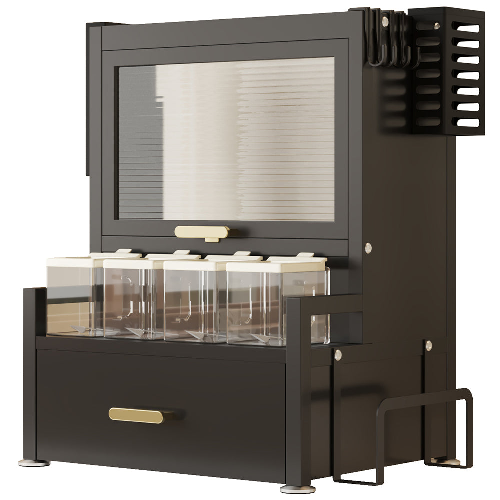 Scaffale Credenza Organizer Portaspezie con Vetrinetta e Cassetto Metallo Nero