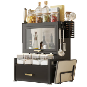 Scaffale Credenza Organizer Portaspezie con Vetrinetta e Cassetto Metallo Nero