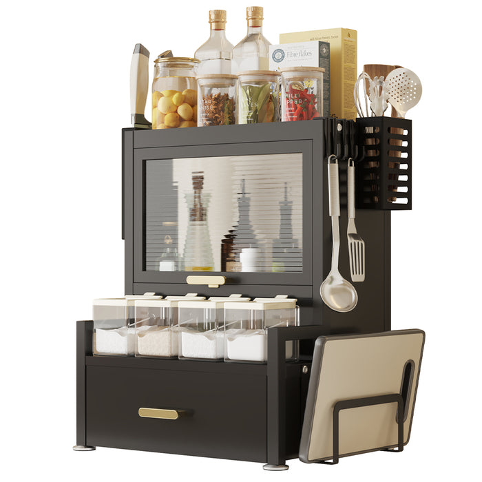 Scaffale Credenza Organizer Portaspezie con Vetrinetta e Cassetto Metallo Nero