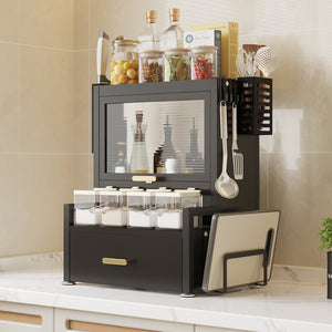 Scaffale Credenza Organizer Portaspezie con Vetrinetta e Cassetto Metallo Nero