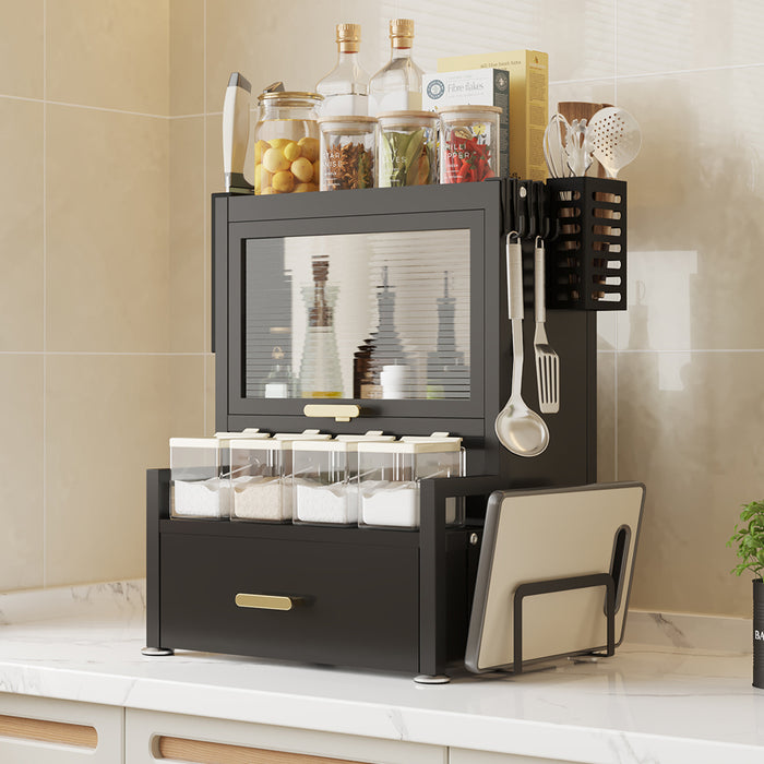 Scaffale Credenza Organizer Portaspezie con Vetrinetta e Cassetto Metallo Nero