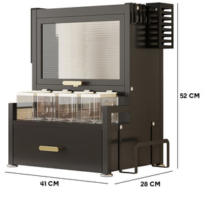 Scaffale Credenza Organizer Portaspezie con Vetrinetta e Cassetto Metallo Nero