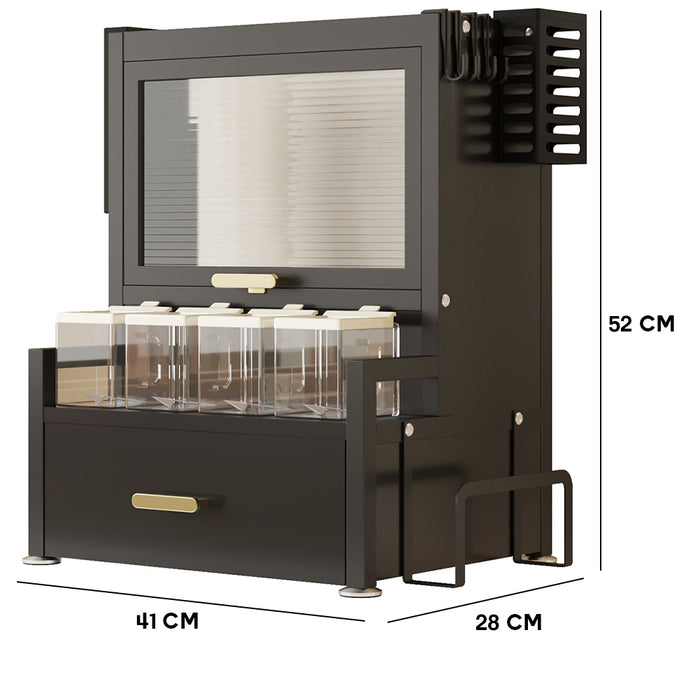 Scaffale Credenza Organizer Portaspezie con Vetrinetta e Cassetto Metallo Nero
