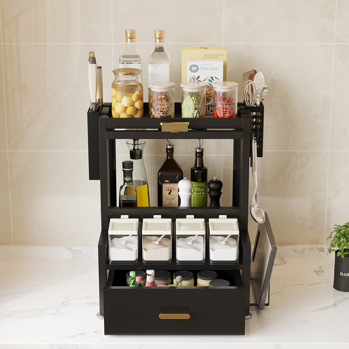 Scaffale Credenza Organizer Portaspezie con Vetrinetta e Cassetto Metallo Nero