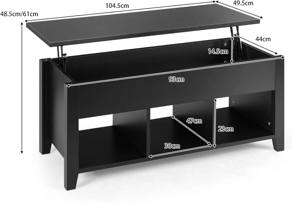 Tavolino da Salotto con Coperchio Sollevabile, Tavolino da Caffè Moderno Multifunzionale con Altezza Regolabile in Alto e Scompartimenti Nascosti e 3 Mensole Aperte in Basso (Nero)