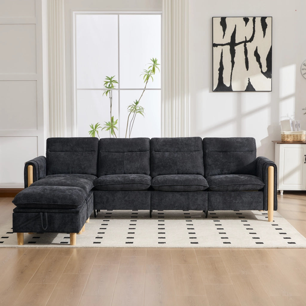 Divano modulare a U con 2 pouf contenitore 4 posti in chenille con gambe in legno nero 261 × 77 × 86 cm