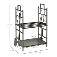 Portalegna in Ferro Battuto con Attrezzi per Camino, Manici e Base Rialzata, 51.5x33x77cm, Nero