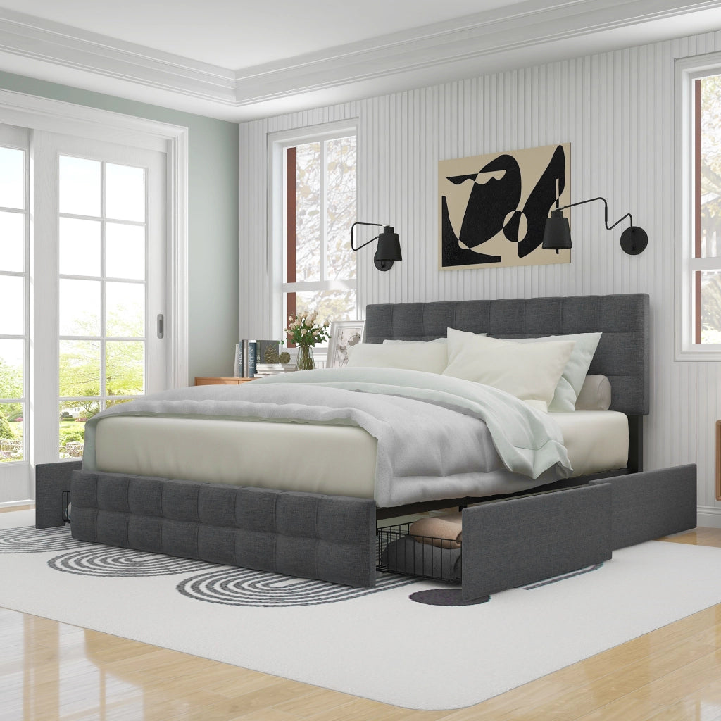 LETTO Contenitore 140x200 cm Grigio in Lino con materasso incluso
