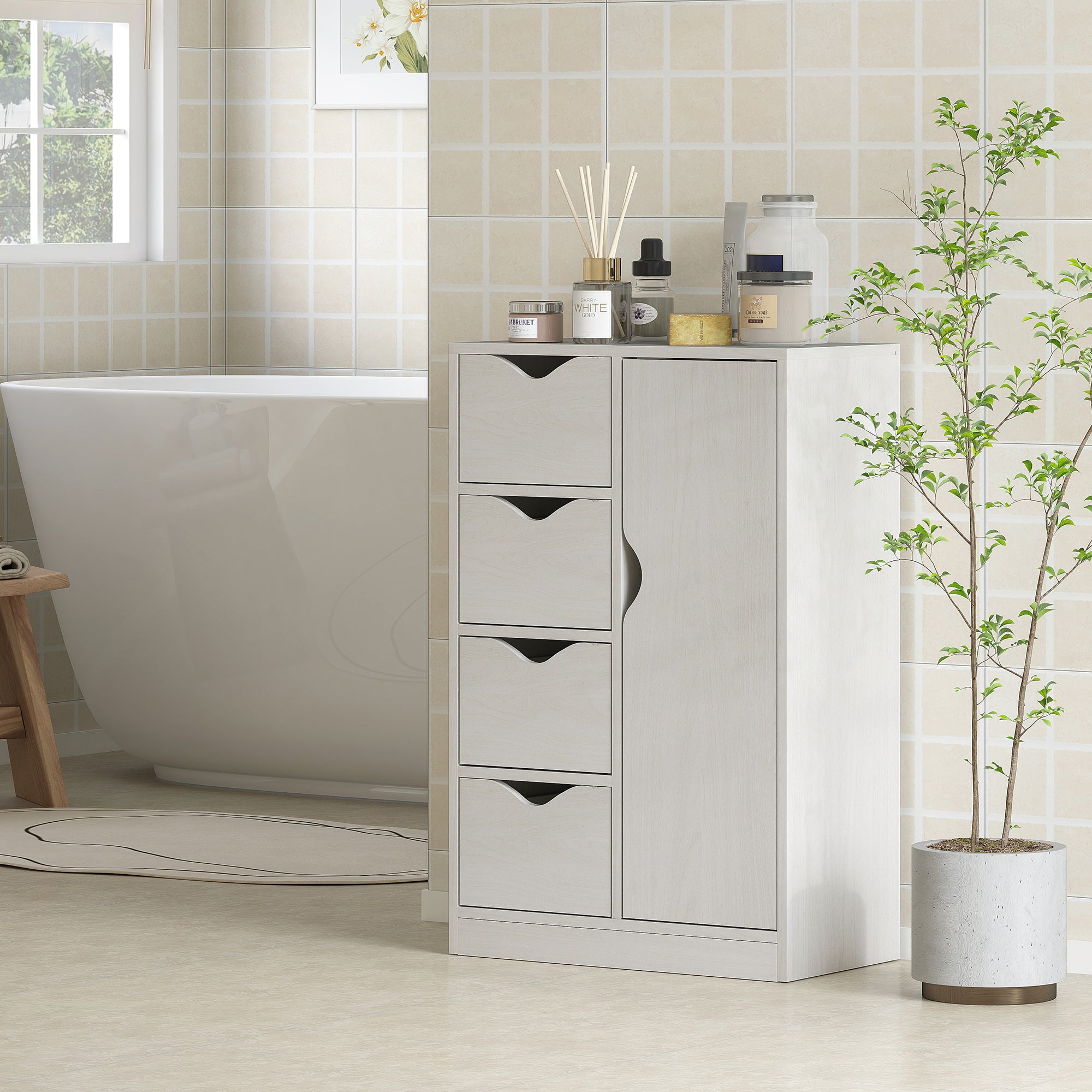 Mobile Bagno con 4 Cassetti e Armadietto 54x29x83 cm Maniglie Ritagliate in Legno Bianco