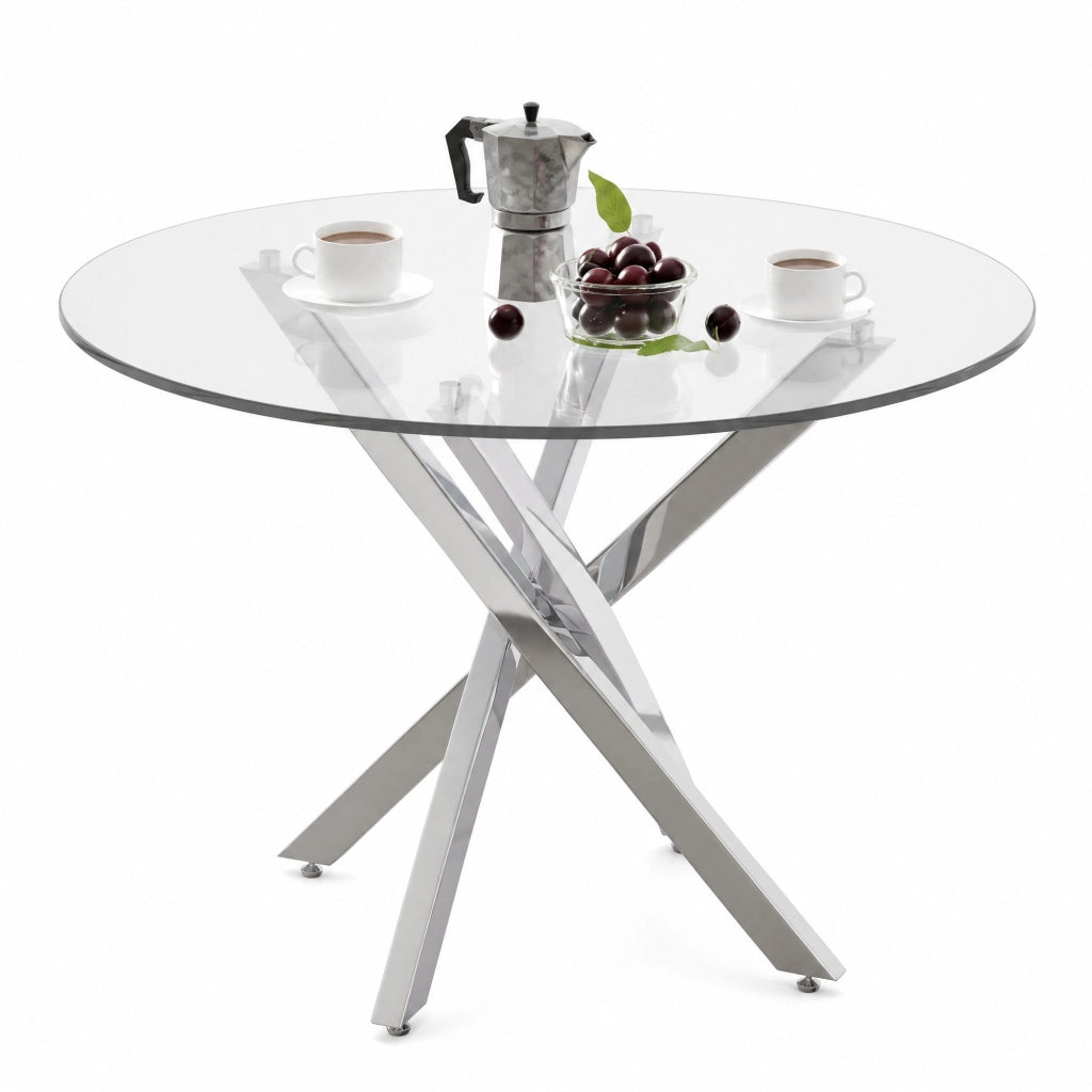 Tavolo rotondo moderno 80x80 cm in vetro temperato e metallo, colore argento