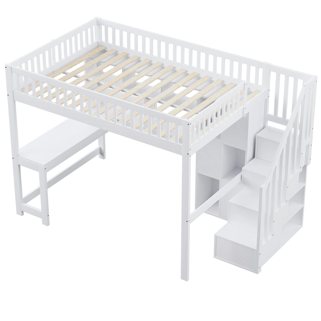 LETTO A CASTELLO 140x200 cm con scrivania, LED, scala contenitore, bianco