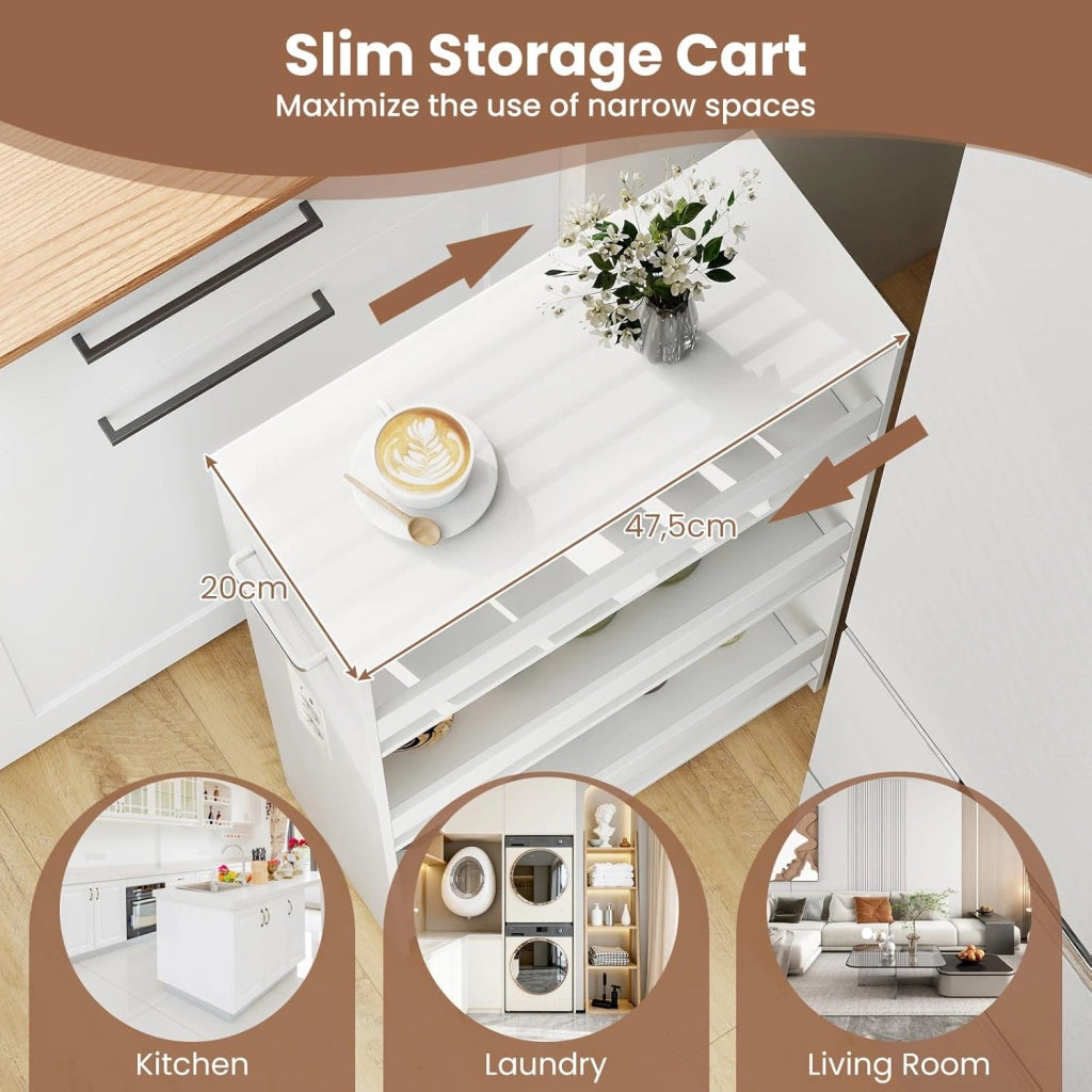 Carrello per Nicchia con Ruote, 4 Livelli，Carrello di Servizio Stretto Salvaspazio, da Bagno, Scaffale da Cucina Sottile 47,5 x 13 x 80,5 cm (Bianco+Bianco, Largo 20cm, con presa)