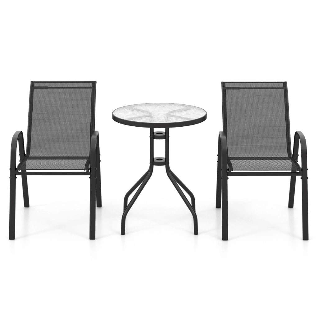 Set bistrot da esterno 3 pezzi, Tavolino rotondo con 2 sedie impilabili piano tavolo in vetro temperato Nero-Set mobili da esterno