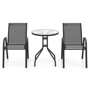 Set bistrot da esterno 3 pezzi, Tavolino rotondo con 2 sedie impilabili piano tavolo in vetro temperato Nero-Set mobili da esterno